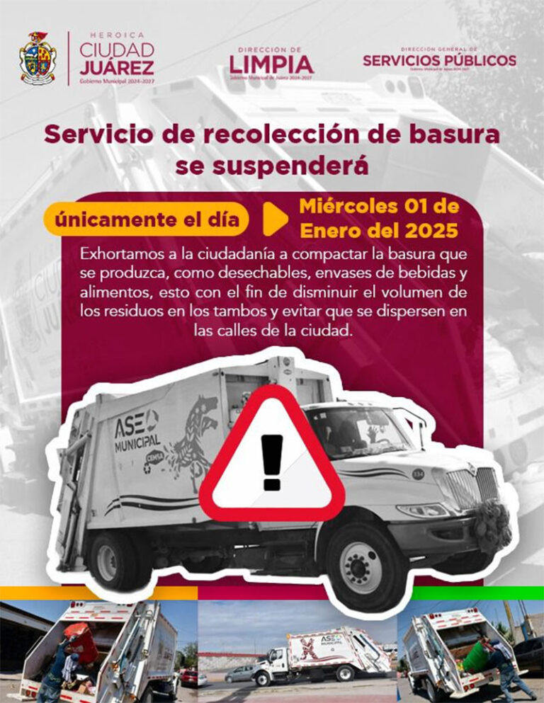 Servicio de recolección de basura se suspende únicamente el 1 de enero