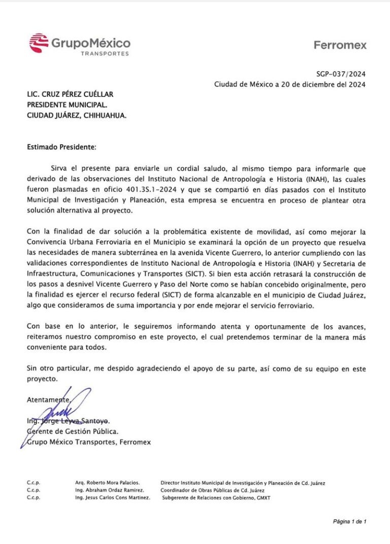 La inversión federal se queda en Juárez: Ferromex informa a Cruz Pérez Cuéllar