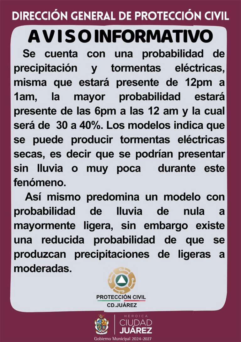 Protección Civil alerta sobre posibles tormentas eléctricas y lluvias ligeras