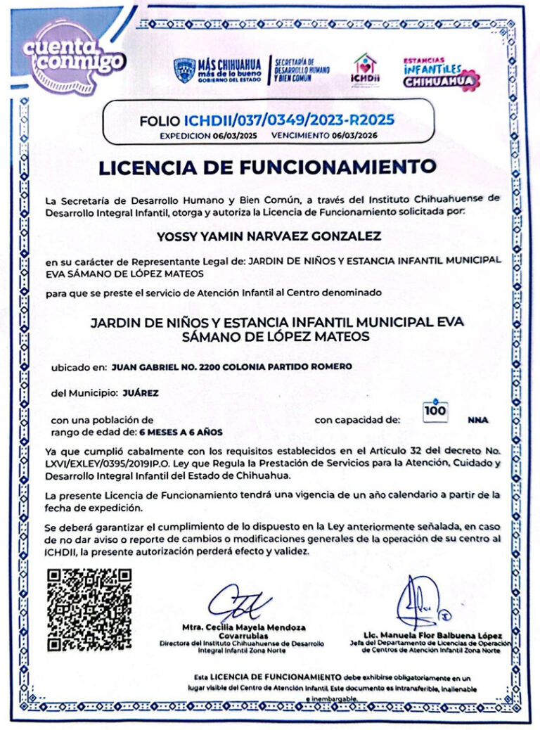 Renueva Jardín de Niños y Estancia Infantil Municipal Eva Sámano de López Mateos licencia de funcionamiento