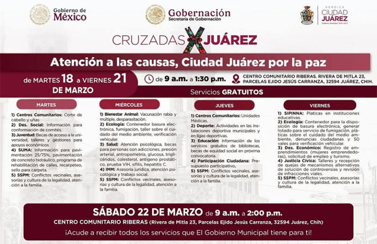 Llevarán Cruzadas por Juárez “Atención a las causas, Juárez por la Paz” a Riberas del Bravo