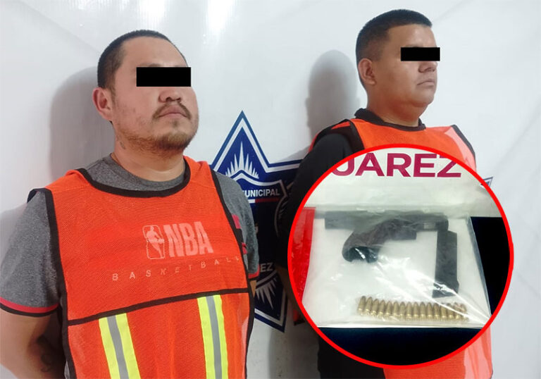 Policías Municipales detienen a dos sujetos en posesión de un arma de fuego calibre 9 milímetros