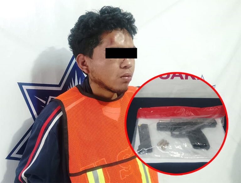 Detienen a presunto asaltante de establecimiento comercial en posesión de un arma de fuego