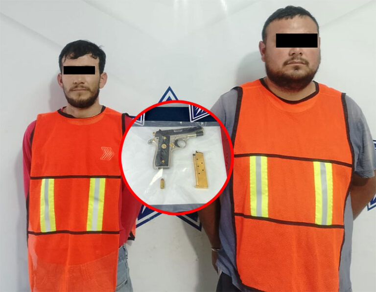 Policías Municipales detienen a sujetos en posesión de un arma de fuego calibre 380