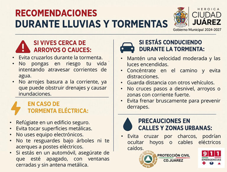 Emite Protección Civil recomendaciones para prevenir riesgos durante lluvias y tormentas en Ciudad Juárez