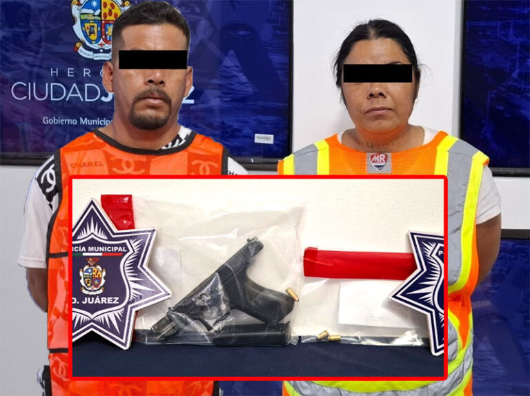 Detienen a pareja con arma de fuego calibre 9 milímetros y marihuana