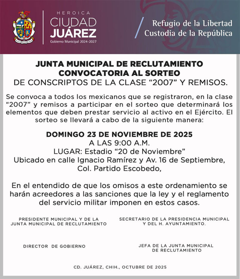 Realizarán sorteo del Servicio Militar el próximo domingo 23 de noviembre