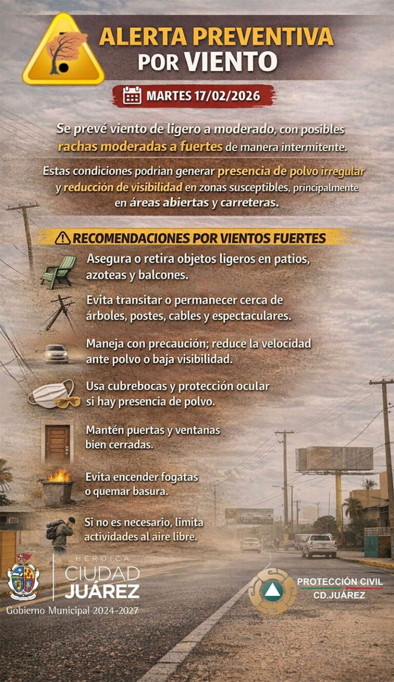 Activan alerta preventiva por viento para mañana martes 17 de febrero