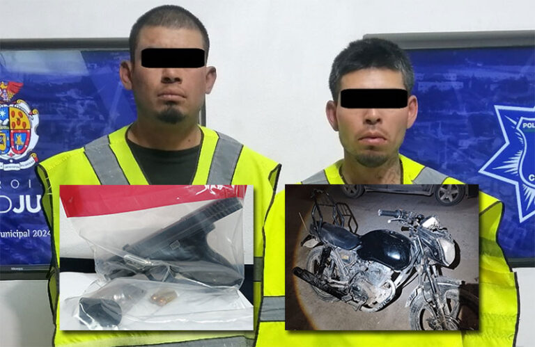 Policías Municipales detienen a dos presuntos responsables de homicidio; aseguran arma de fuego y motocicleta sin serie vehicular