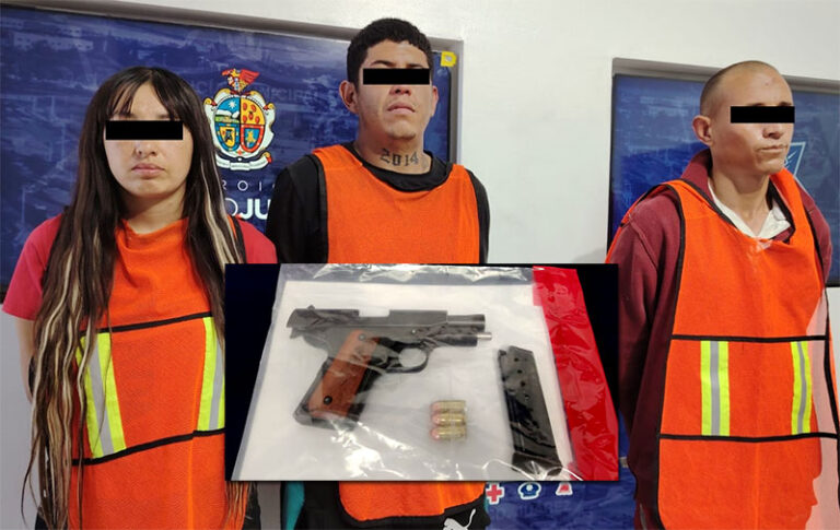 Policías Municipales aseguran arma de fuego con la detención de tres personas