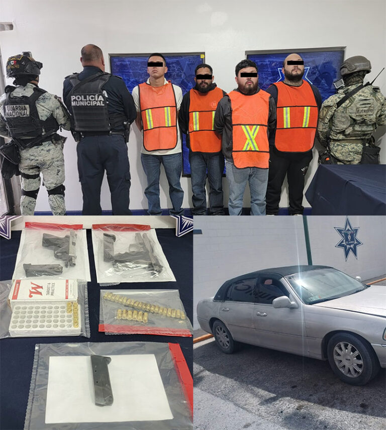 Asegura Policía Municipal dos armas de fuego y cartuchos con la detención de cuatro sujetos
