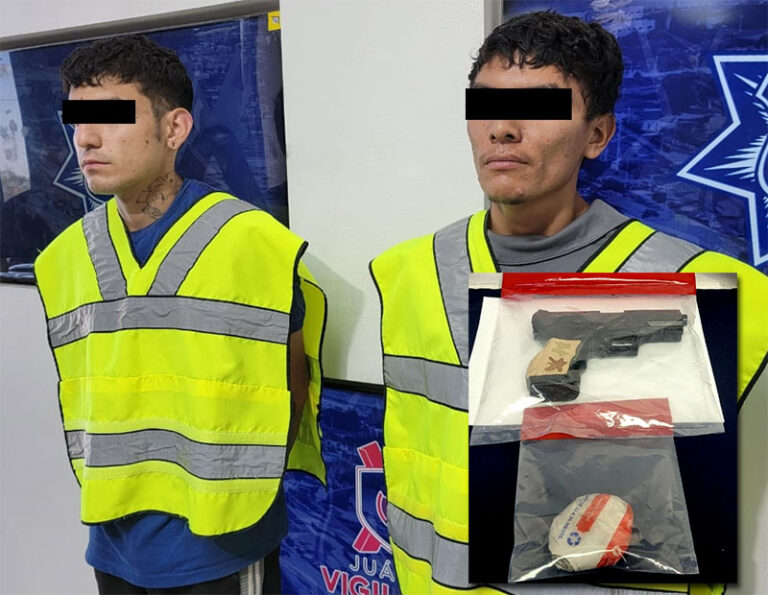 Mediante sistema de videovigilancia “Juárez Vigilante” detectan a dos sujetos en posesión de pistola de aire comprimido y cristal