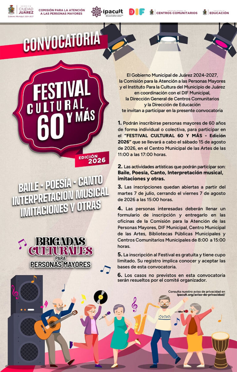 Invitan a participar en el Festival Cultural 60 y Más para Personas Mayores