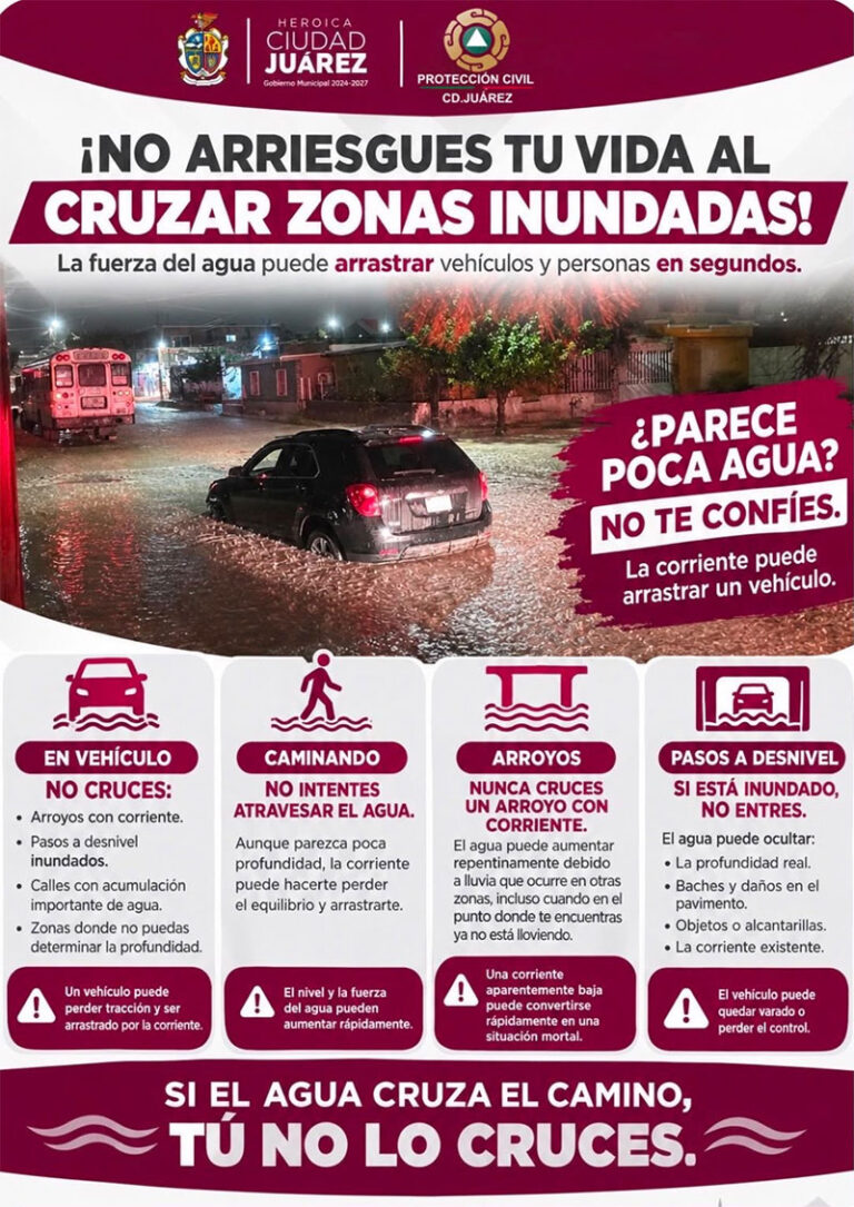 Exhorta Protección Civil a no cruzar vialidades ni zonas inundadas